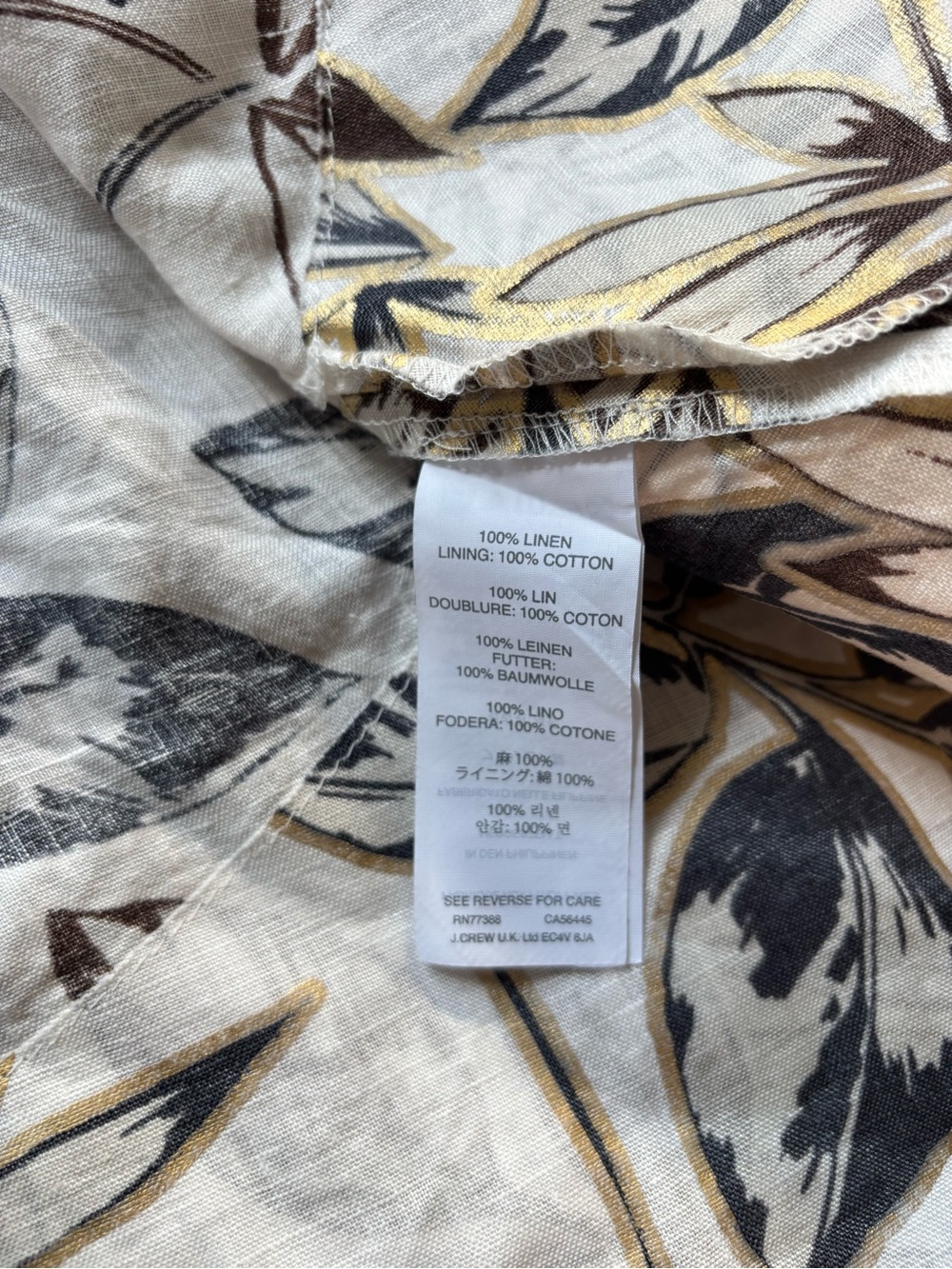 J.CREW Gold Foil Leaf Botanical Stretch Waist Front Zip Linen Dress 2 - Picture 9 of 9